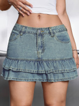 Lace high waisted ruffled denim short skirt Lace high waisted ruffled denim short skirt