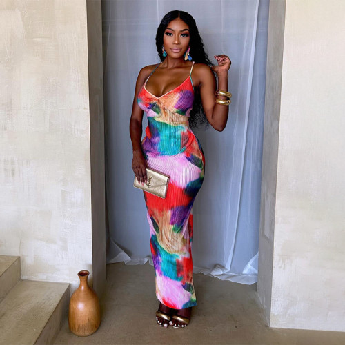 Sleeveless printed suspender high waisted dress