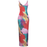 Sleeveless printed suspender high waisted dress