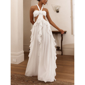 Hanging neck, exposed shoulder, exposed waist, ruffle edge solid color dress