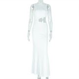 Hollow out one-step skirt round neck long dress