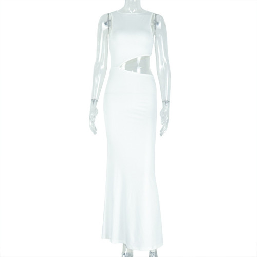 Hollow out one-step skirt round neck long dress