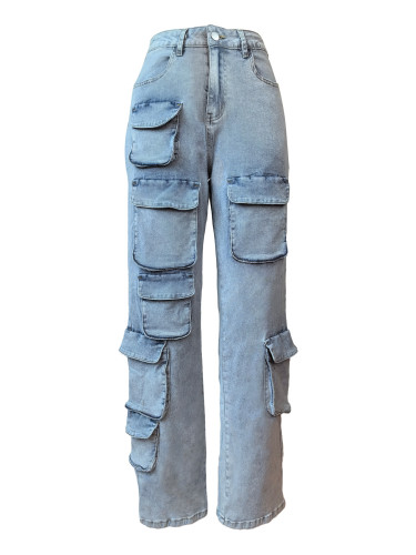 Elastic denim three-dimensional multi bag workwear denim pants
