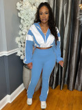 Rubber buckle waist color block splicing contrasting sports two-piece set HR25015-1