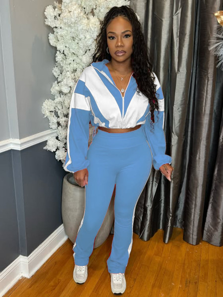 Rubber buckle waist color block splicing contrasting sports two-piece set HR25015-1