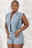 Washed loose denim jumpsuit shorts