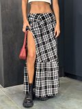 Irregular plaid patchwork split skirt