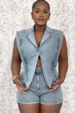 Washed loose denim jumpsuit shorts