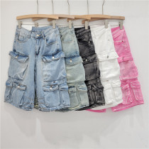 Multi pocket washed distressed workwear denim shorts
