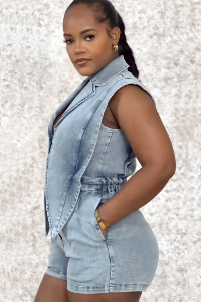 Washed loose denim jumpsuit shorts