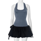 Color blocking patchwork sleeveless suspender bow flower bud dress