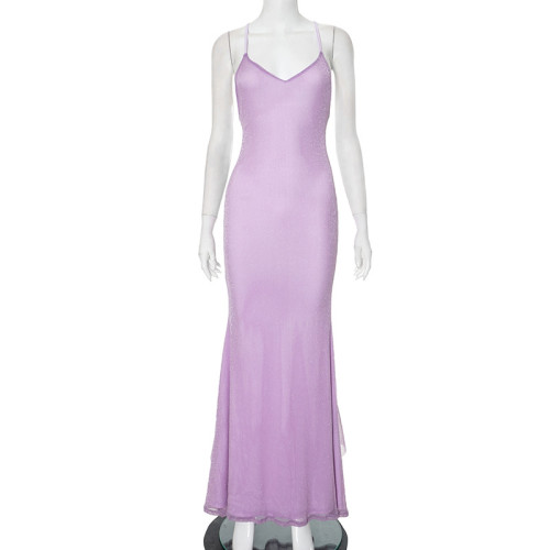 Lotus leaf edge camisole long dress with exposed back