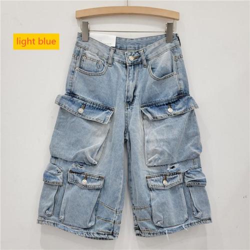 Multi pocket washed distressed workwear denim shorts