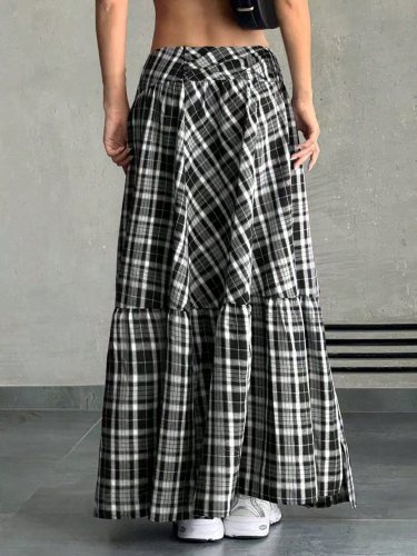 Irregular plaid patchwork split skirt