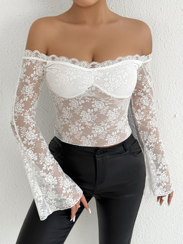 One collar off shoulder T-shirt top with lace base and raglan sleeves