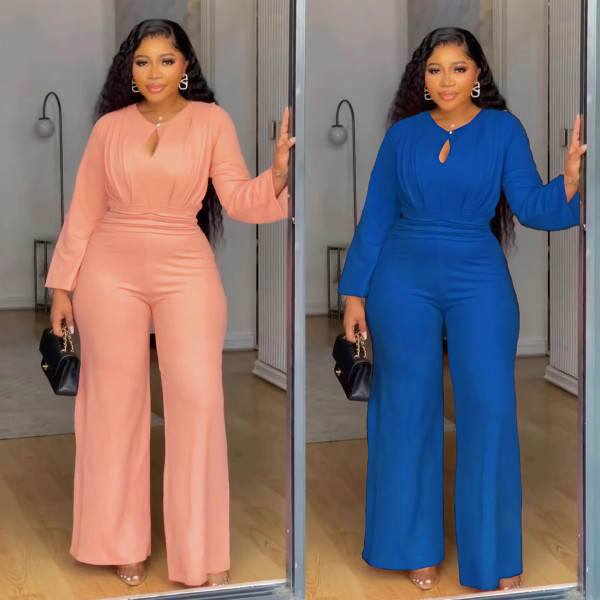 Elastic slim fit hollow waist wide leg jumpsuit