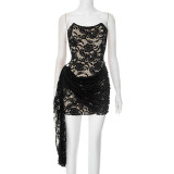 Lace ribbon strapless tight fitting hip hugging dress