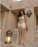 Strap mesh waist exposed pleated hip hugging fringe dress