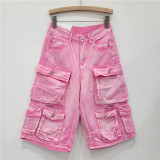 Multi pocket washed distressed workwear denim shorts