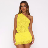 Lace sloping shoulder backless one-piece top and short skirt