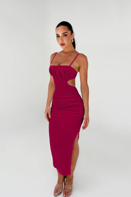 Strap top dress, backless pleated bag, hip side slit long skirt