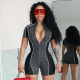 Color blocking zipper elastic sports flat angle jumpsuit