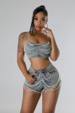 Pearl diamond chain denim camisole vest shorts set