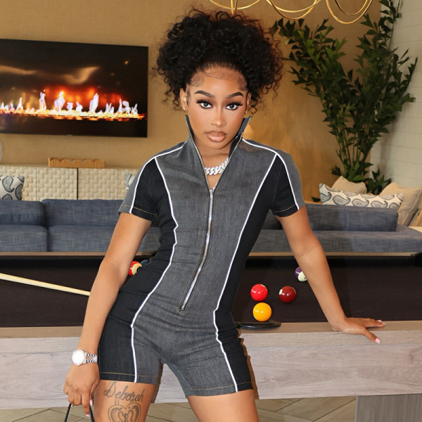 Color blocking zipper elastic sports flat angle jumpsuit