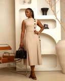 Waist up collar sleeveless button up decorative dress