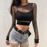 Solid color hollow mesh base T-shirt top