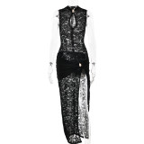Lace hollowed out high slit sleeveless dress