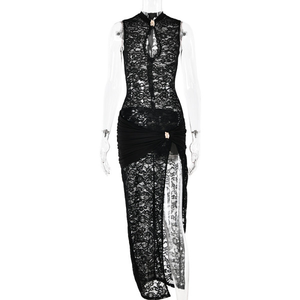 Lace hollowed out high slit sleeveless dress