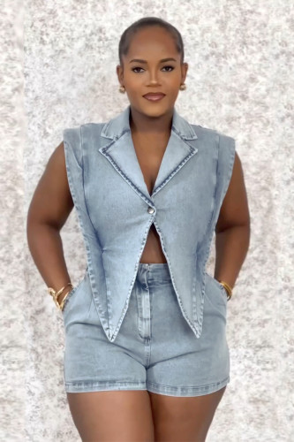 Washed loose denim jumpsuit shorts