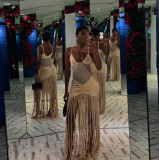 Strap mesh waist exposed pleated hip hugging fringe dress