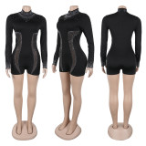 Hot stamping see through elastic jumpsuit