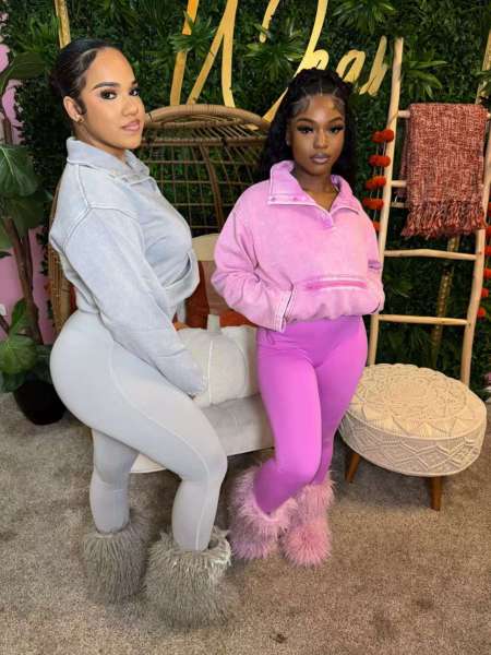 High waisted tight pants washed hoodie two-piece set