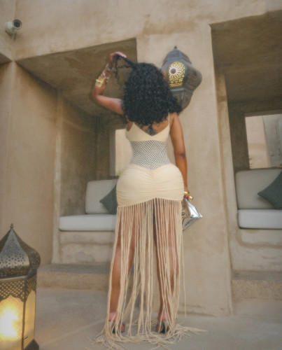 Strap mesh waist exposed pleated hip hugging fringe dress