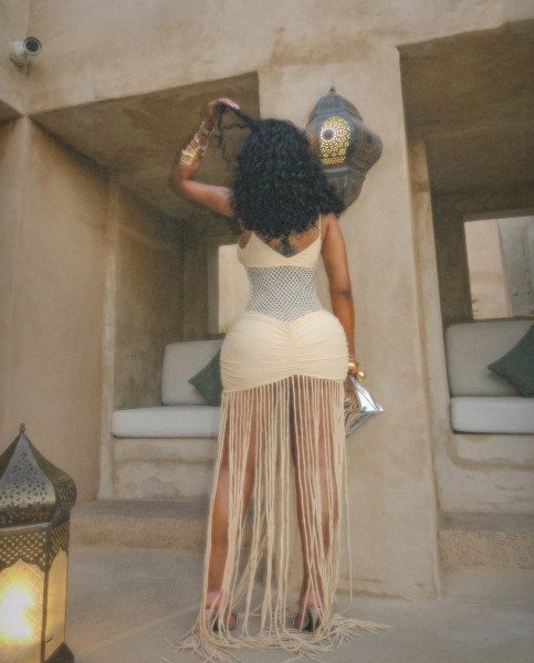 Strap mesh waist exposed pleated hip hugging fringe dress