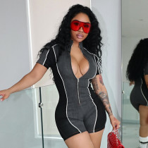 Color blocking zipper elastic sports flat angle jumpsuit