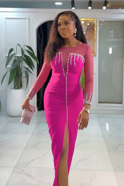 Hot stamping perspective splicing slit dress