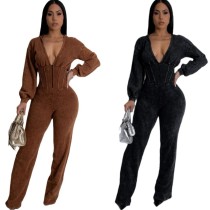 Splicing V-neck long sleeved sports jumpsuit Splicing V-neck long sleeved sports jumpsuit