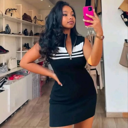 Polo collar striped knitted vest dress with hip wrap