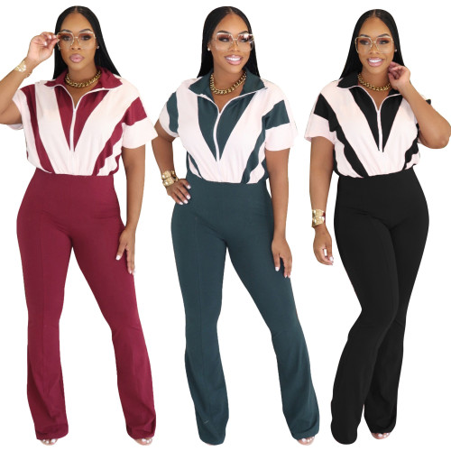 Short sleeved waist cinching patchwork contrasting jumpsuit