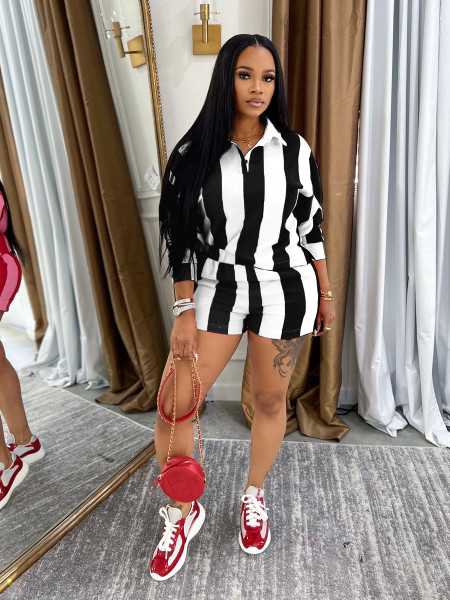 Striped collar top high waisted shorts set TW686