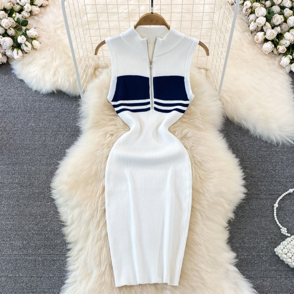 Polo collar striped knitted vest dress with hip wrap