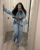 Color blocked denim suit