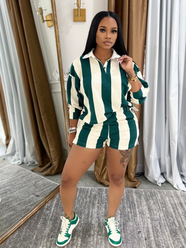 Striped collar top high waisted shorts set TW686