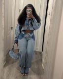 Color blocked denim suit
