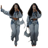 Color blocked denim suit