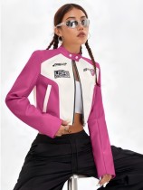 Stand up collar cardigan leather top with contrasting letters printed short jacket Stand up collar cardigan leather top with contrasting letters printed short jacket